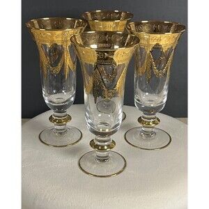 Interglass Italy "Champagne" 4-pc Crystal Glasses, Vintage Design, 24K Gold
